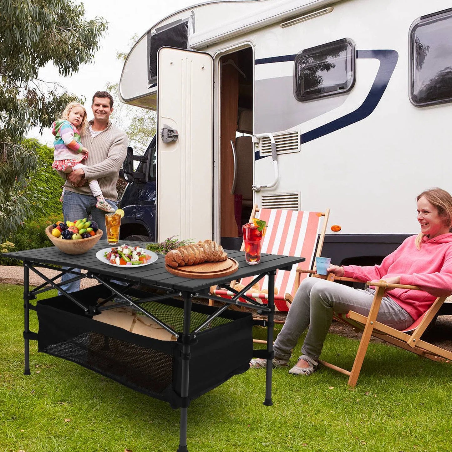 Foldable Camping Table with Mesh Basket & Carry Bag
