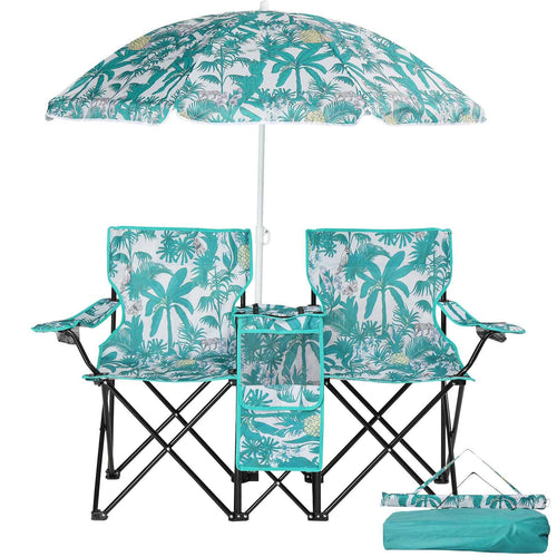 Folding Double Camp Chair with Removable Umbrella – Cup Holders, Cooler Bag & Carry Bag for Beach & Outdoors