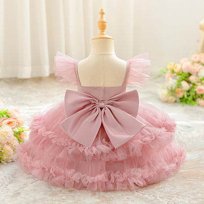 Children's Puff-sleeve Bowknot Tulle Fluffy Tiered Cake Skirt