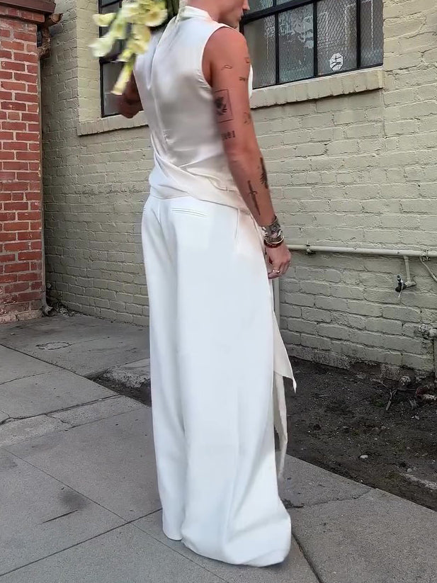 Beige Satin Draped Collar Sleeveless Top