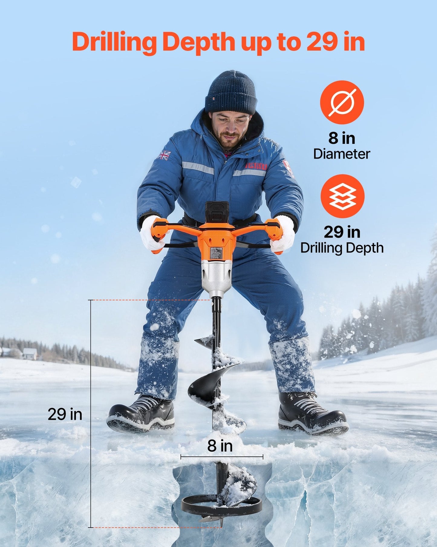 20V Cordless Electric Ice Auger | 8" 2-in-1 Ice & Earth Drill, Brushless Motor