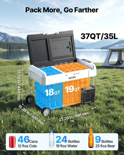 12V Portable Car Fridge Freezer 37QT | Dual Zone, Wheels & App Control
