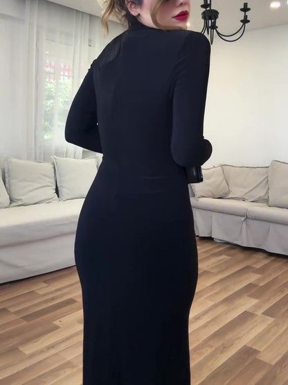Black Mesh Paneled Long-sleeved Bodycon Dress