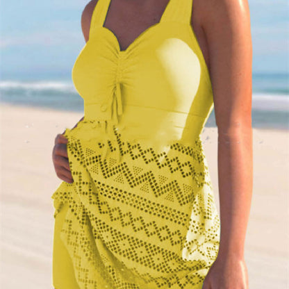 Women's Solid Color Lace One-Piece Swimsuit with Shorts – Korean Style