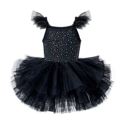 Children's Hot-fix Rhinestone Embroidered Flared-sleeve Ballet Skirt