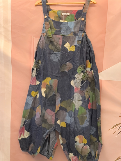 Flowy & Artistic Leaf Print Denim Dungarees for Women | Eva trends