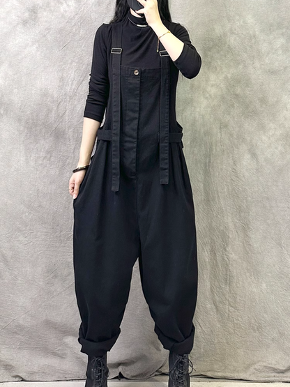 Women's Loose Barrel Leg Overalls with Side Buckle Straps