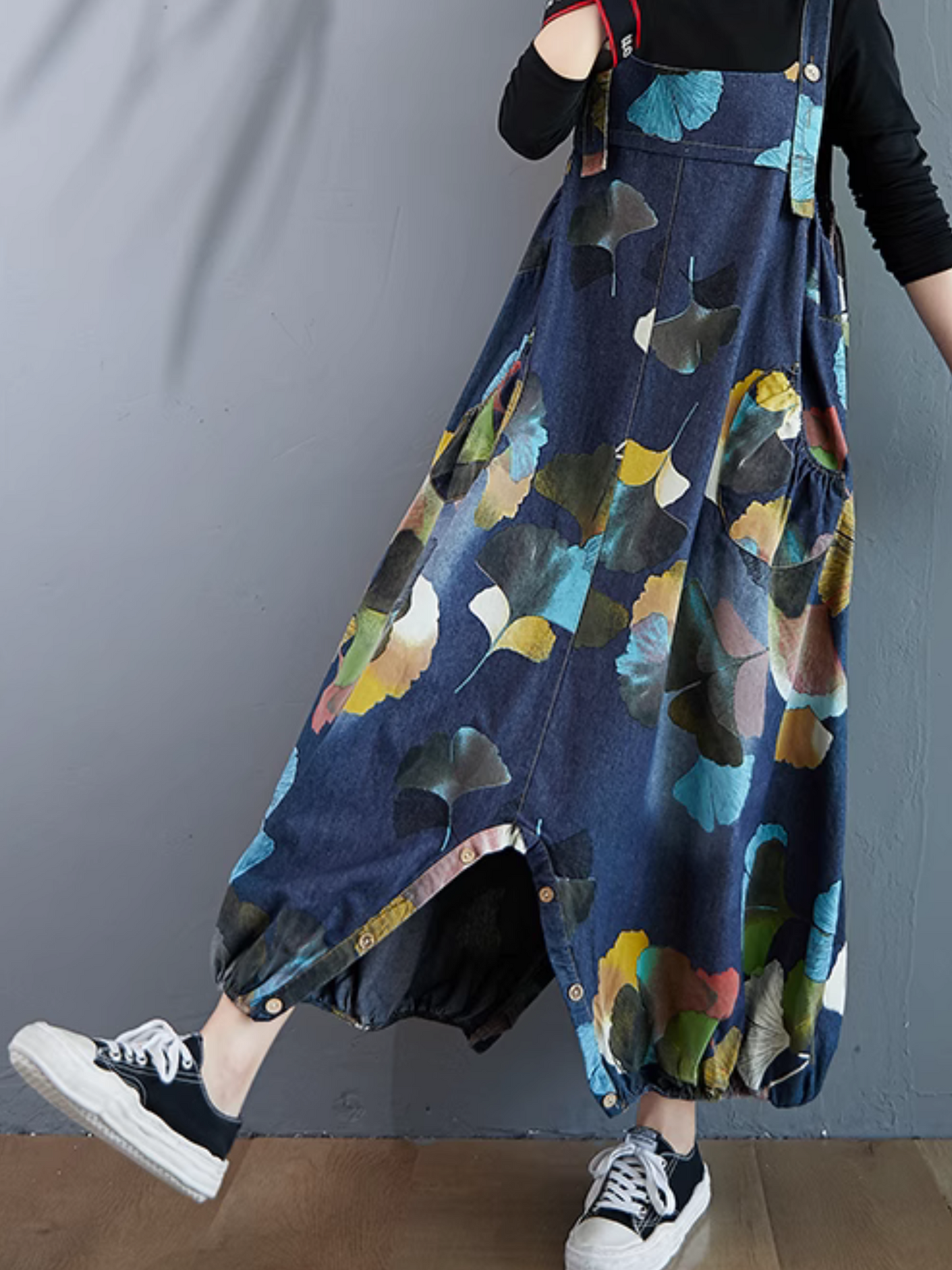 Flowy & Artistic Leaf Print Denim Dungarees for Women | Eva trends
