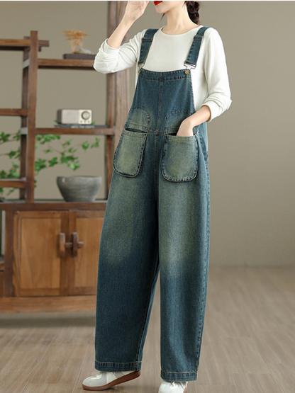Vintage Wide-Leg Denim Overalls with straps & Pockets | Eva Trends