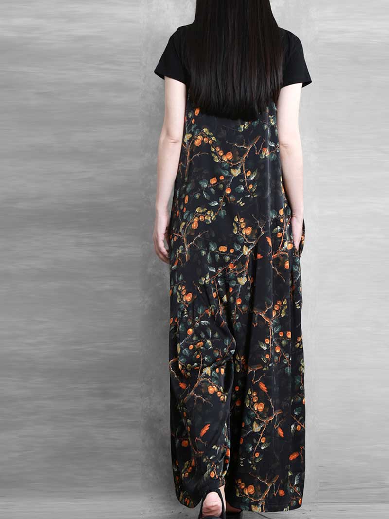 Botanical Print Silk Jumpsuit - Flowing Wide Leg Design