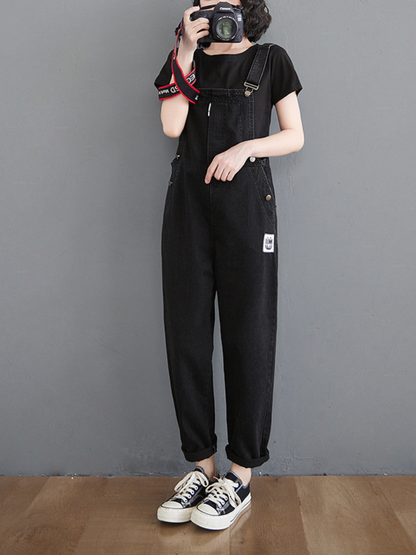 Women's Black Denim Overalls with Side Button Closure