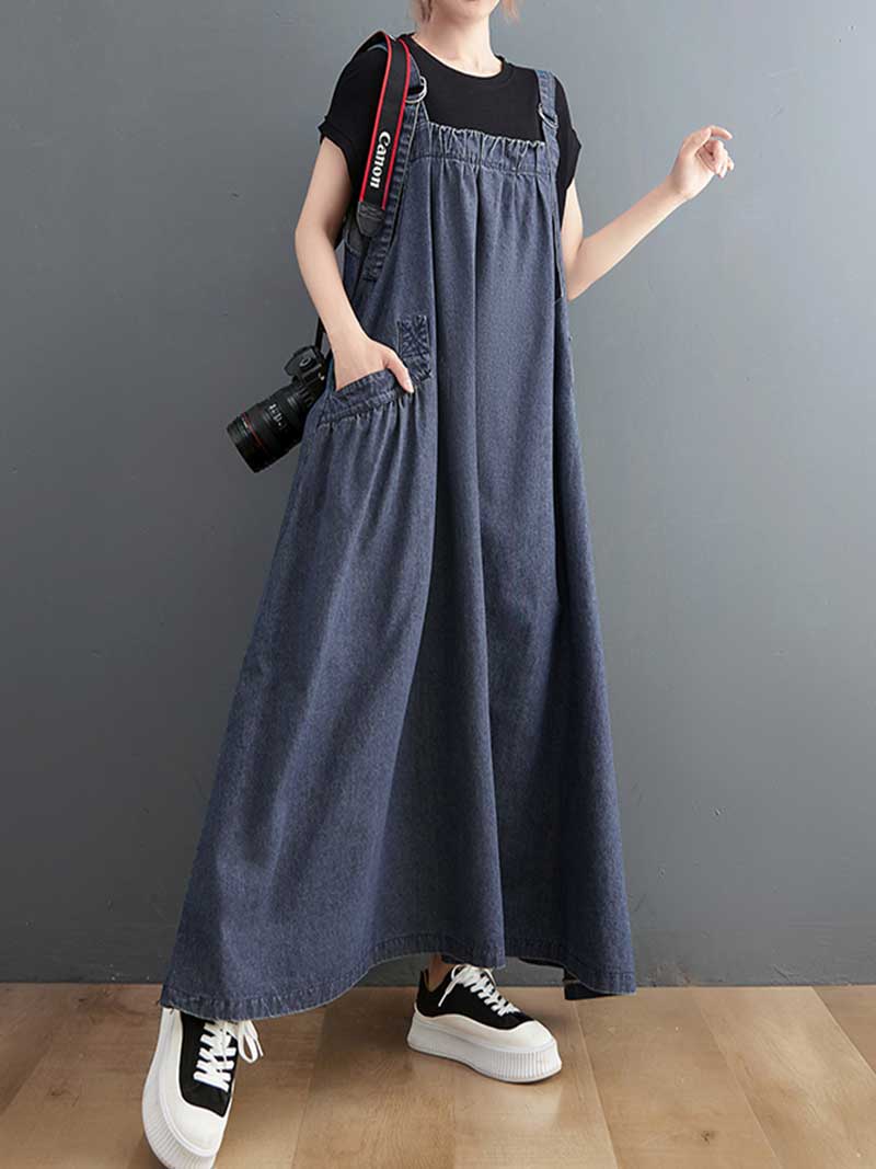 Plain Denim A-Line Salopette Dress - Comfortable Everyday Style | Eva Trends