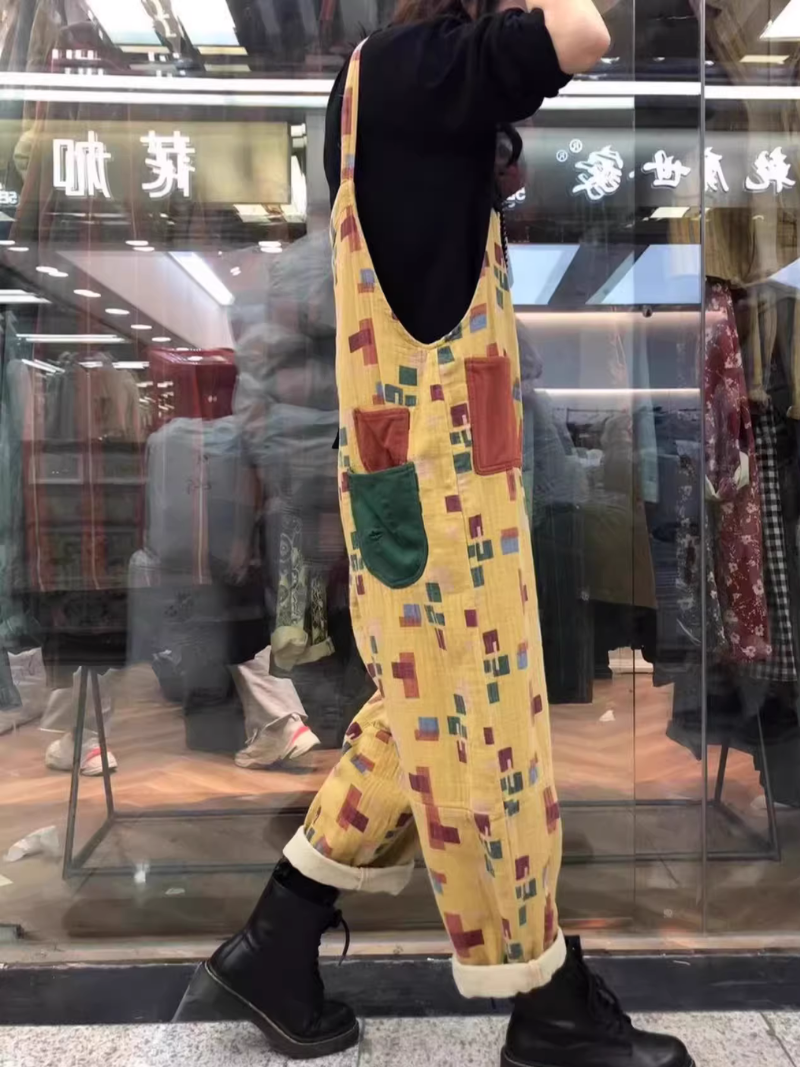 Trendy Women's Patchwork Artistic Loose Overalls | Eva Trends
