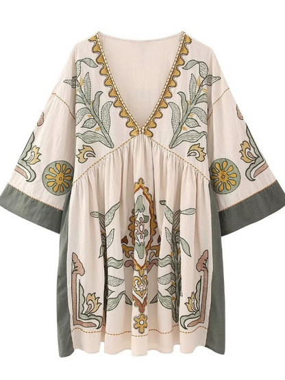 Women's Summer Casual V-neck Loose Embroidered Kimono Dress