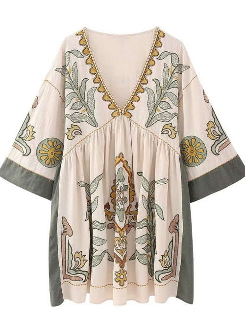 Women's Summer Casual V-neck Loose Embroidered Kimono Dress