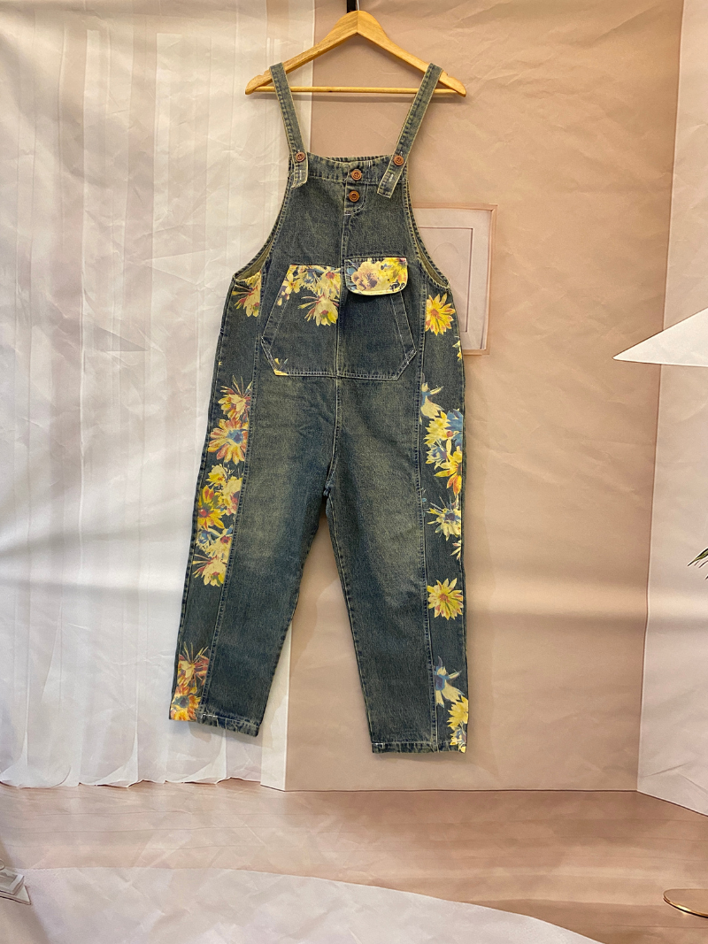 Sunflower Print Denim Dungarees - Utility Pocket Style
