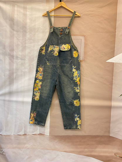 Sunflower Print Denim Dungarees - Utility Pocket Style