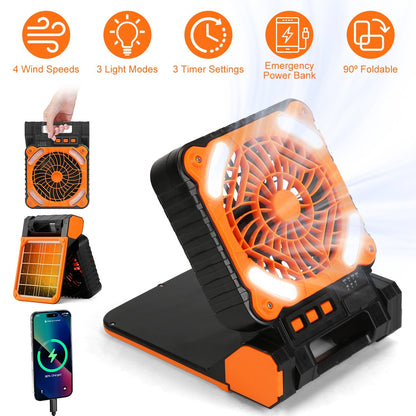 Solar Camping Fan with LED Lantern & 5200mAh Power Bank – 3-in-1 Outdoor Essential