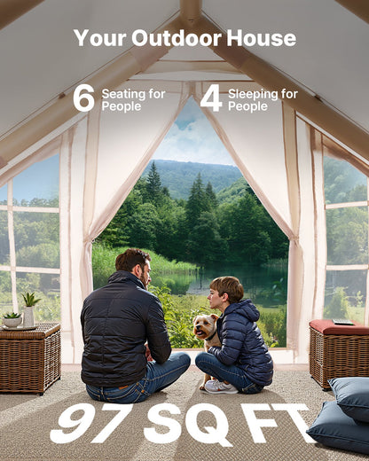 4–6 Person Inflatable Glamping Tent – Easy 15-Min Setup with Hand Pump & Carry Bag | Beige