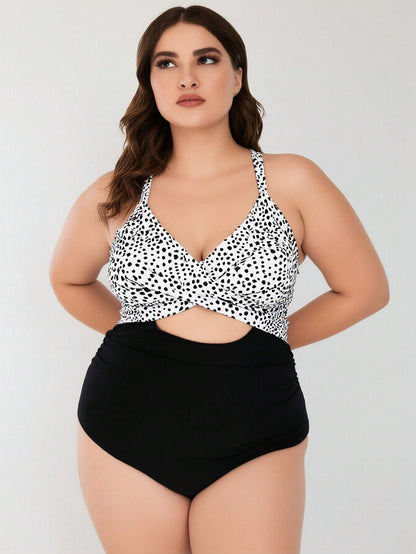 Women's Plus Size Dalmatian Print Twist Front One-Piece Swimsuit