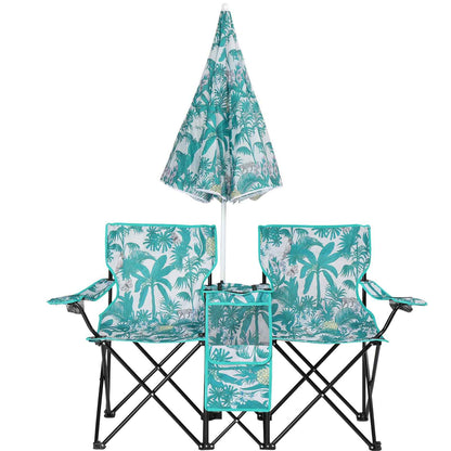 Folding Double Camp Chair with Removable Umbrella – Cup Holders, Cooler Bag & Carry Bag for Beach & Outdoors