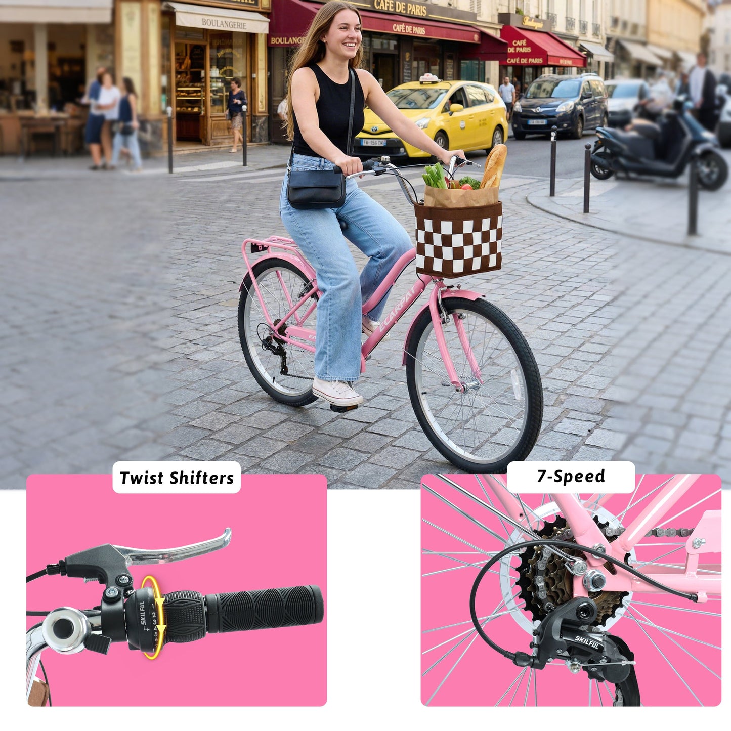 26" City Commuter Bike | 7-Speed, Detachable Basket, Built-In Lock & Rear Rack