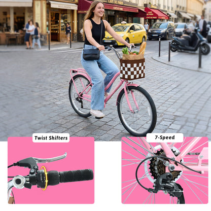 26" City Commuter Bike | 7-Speed, Detachable Basket, Built-In Lock & Rear Rack