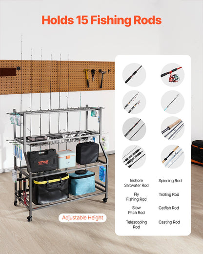 Mobile Fishing Rod Rack Cart — Holds 15 Rods