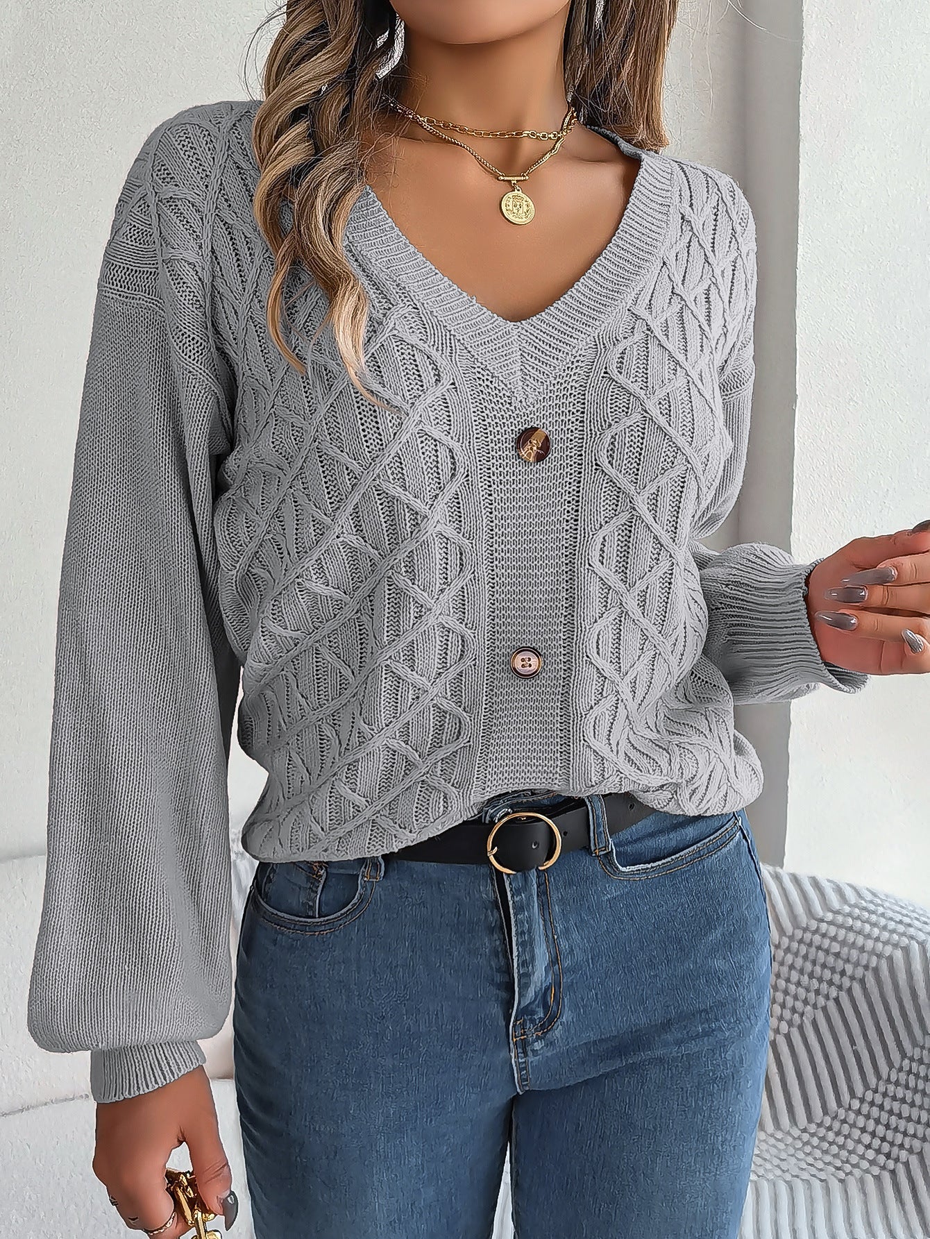 Women's Cable-Knit Puff-Sleeve Pullover Sweater – 4 Colors