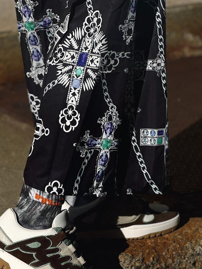 Black Cross Print Plaid Patchwork Wide-Leg Pants