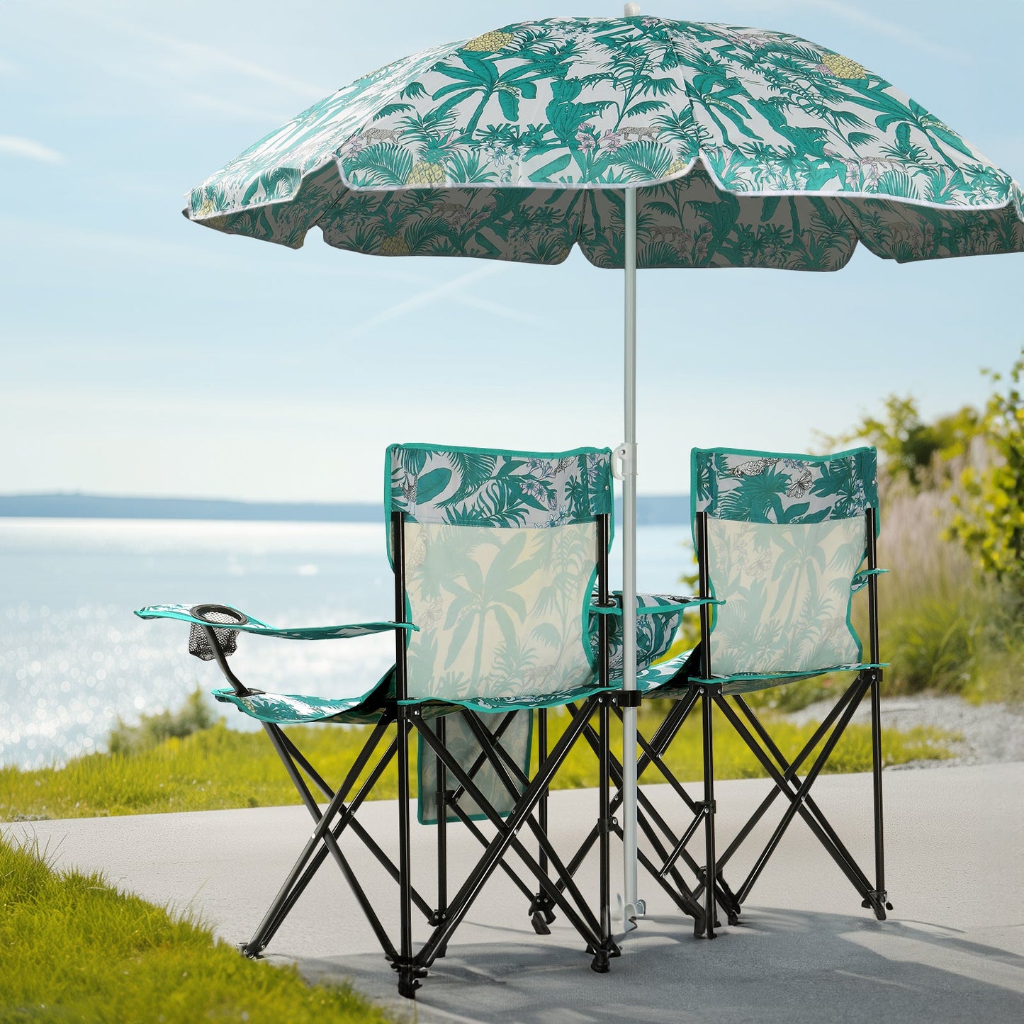 Folding Double Camp Chair with Removable Umbrella – Cup Holders, Cooler Bag & Carry Bag for Beach & Outdoors