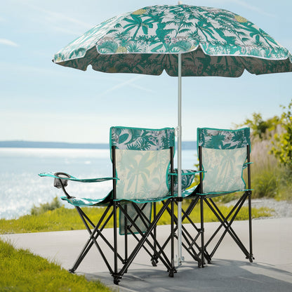 Folding Double Camp Chair with Removable Umbrella – Cup Holders, Cooler Bag & Carry Bag for Beach & Outdoors