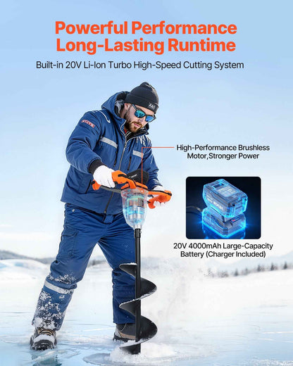 20V Cordless Electric Ice Auger | 8" 2-in-1 Ice & Earth Drill, Brushless Motor