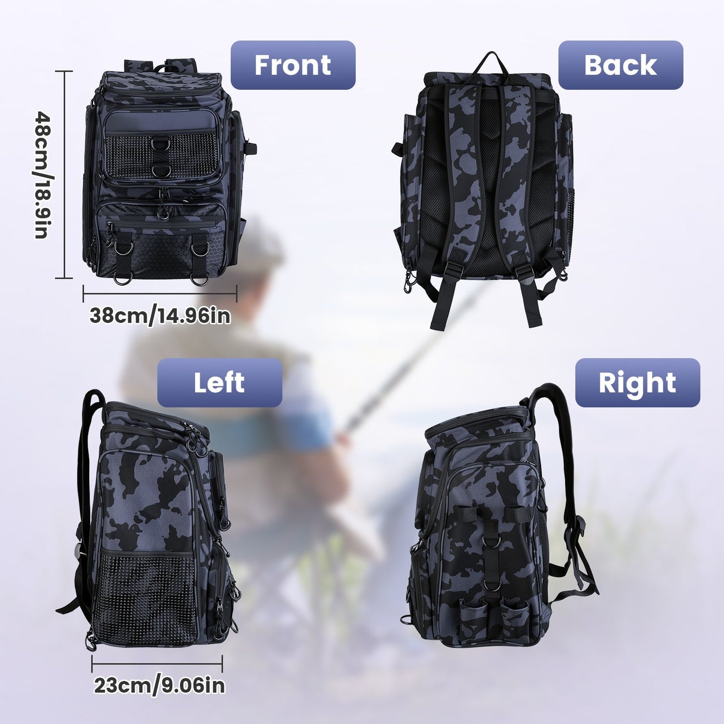 42L Fishing Backpack with Rod Holders & 16 Pockets – Water-Resistant