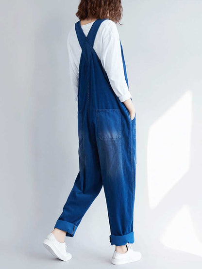 Vintage Washed Denim Dungarees with Knot Straps & Rolled Cuffs
