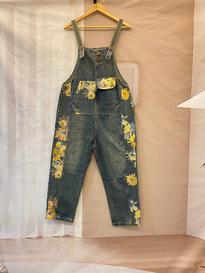 Sunflower Print Denim Dungarees - Utility Pocket Style
