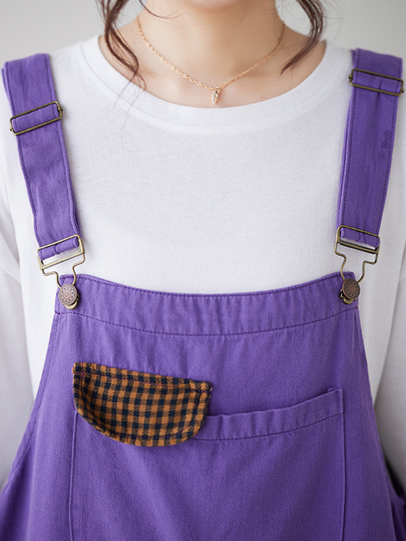 Relaxed Fit Purple Overalls with Contrast Pattern Pockets