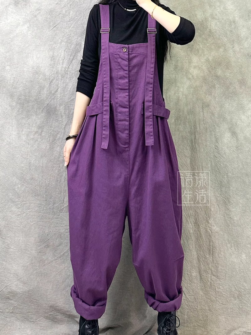 Women's Loose Barrel Leg Overalls with Side Buckle Straps