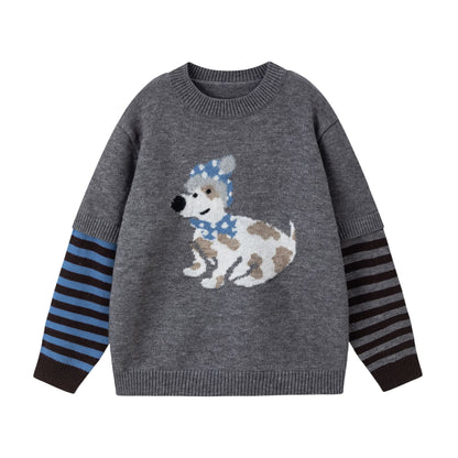 Autumn Dog Jacquard Fake Two-Piece Loose Sweater