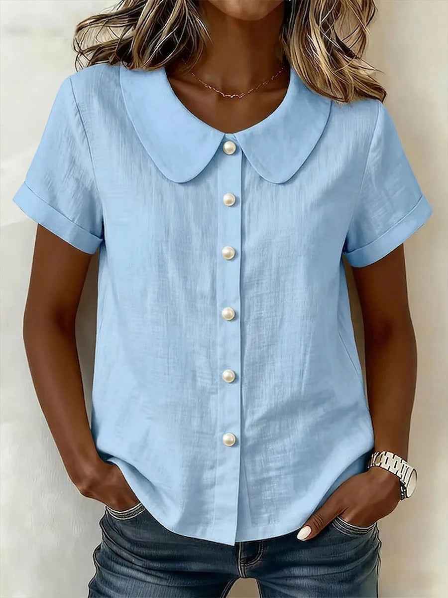 Women's Solid-Color Short-Sleeve Loose Casual Shirt – Lightweight Everyday Top