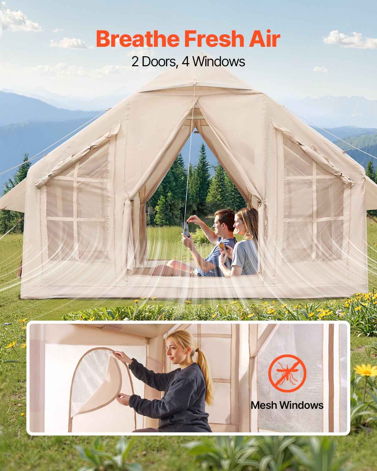 4–6 Person Inflatable Glamping Tent – Easy 15-Min Setup with Hand Pump & Carry Bag | Beige