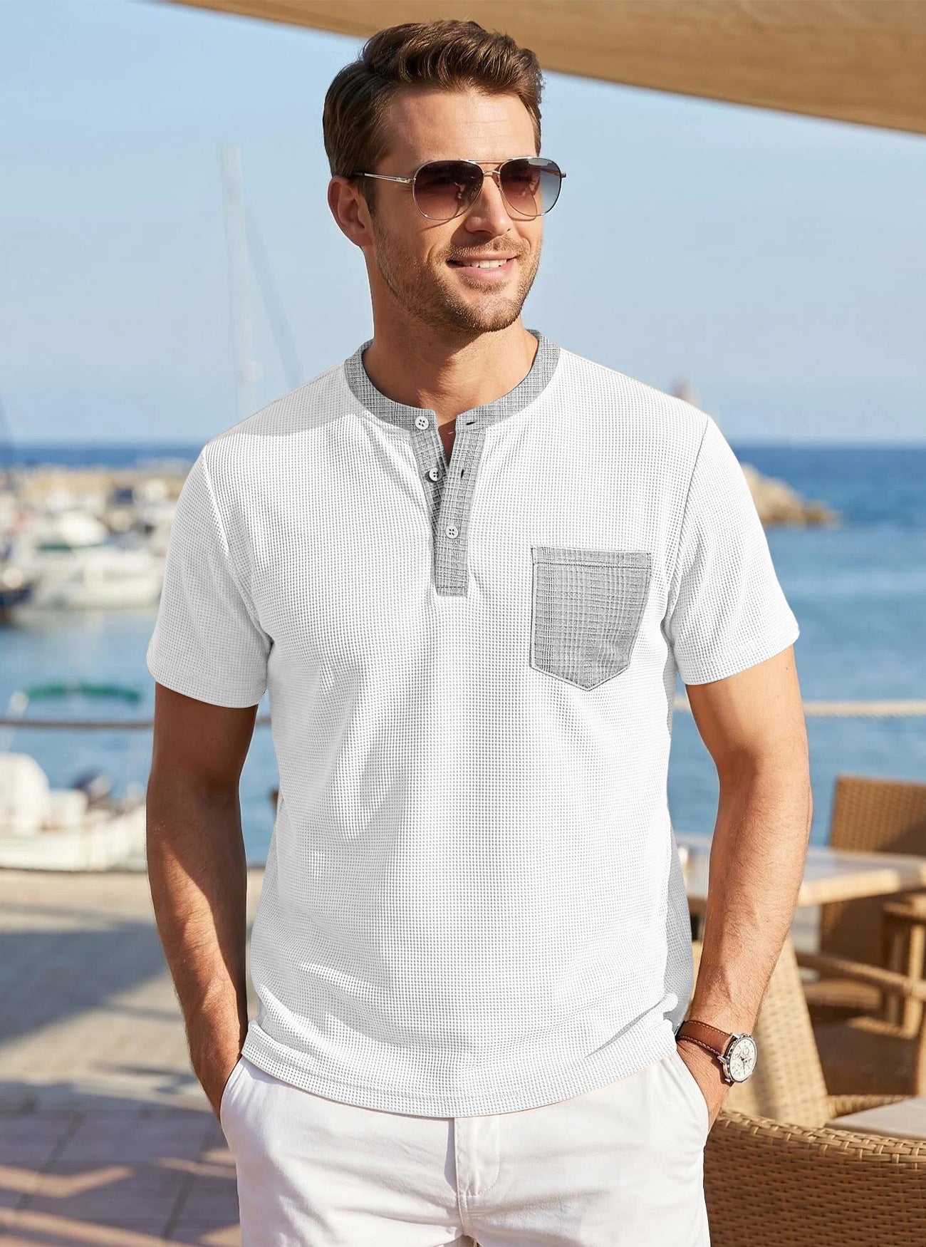 Men's Color-Block Waffle-Knit Henley T-Shirt with Chest Pocket – 6 Colors
