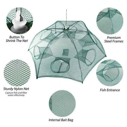 Foldable 6-Sided Fishing Bait Trap Net – 360° Entry, Crab, Shrimp & Minnow