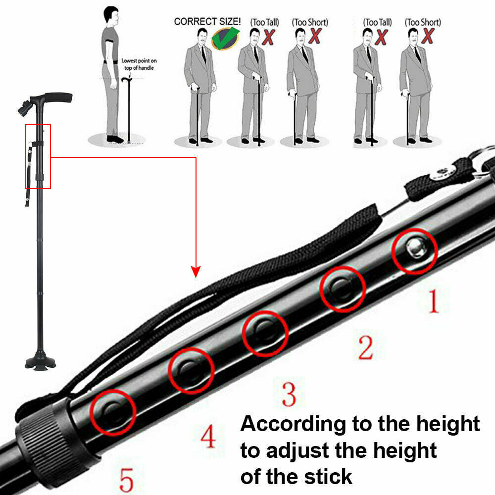 Folding Walking Cane with LED Flashlight – 5 Adjustable Heights, 360° Anti-Slip Base for Hiking & Travel