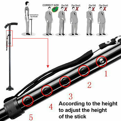 Folding Walking Cane with LED Flashlight – 5 Adjustable Heights, 360° Anti-Slip Base for Hiking & Travel