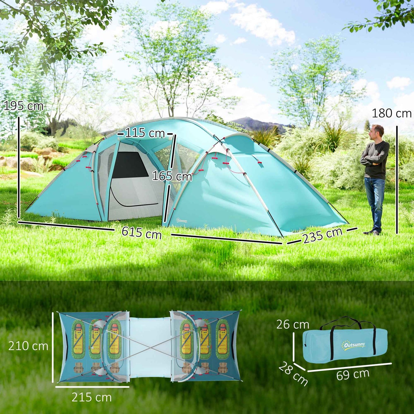 4–6 Person 2-Bedroom Family Tunnel Tent – PU3000mm+ Waterproof with Living Room & Sewn-In Groundsheet | Blue