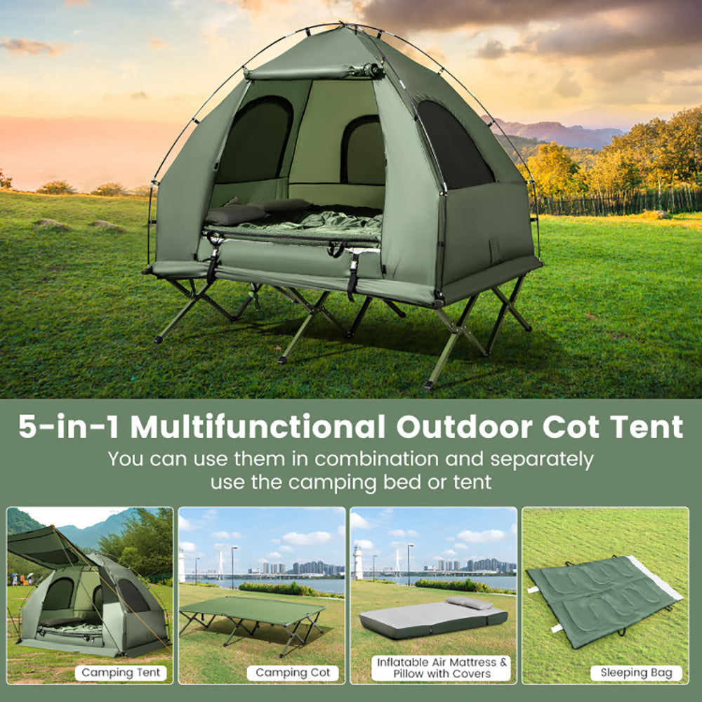 5-in-1 Camping Tent Cot with Air Mattress & Sleeping Bags — 2 Person