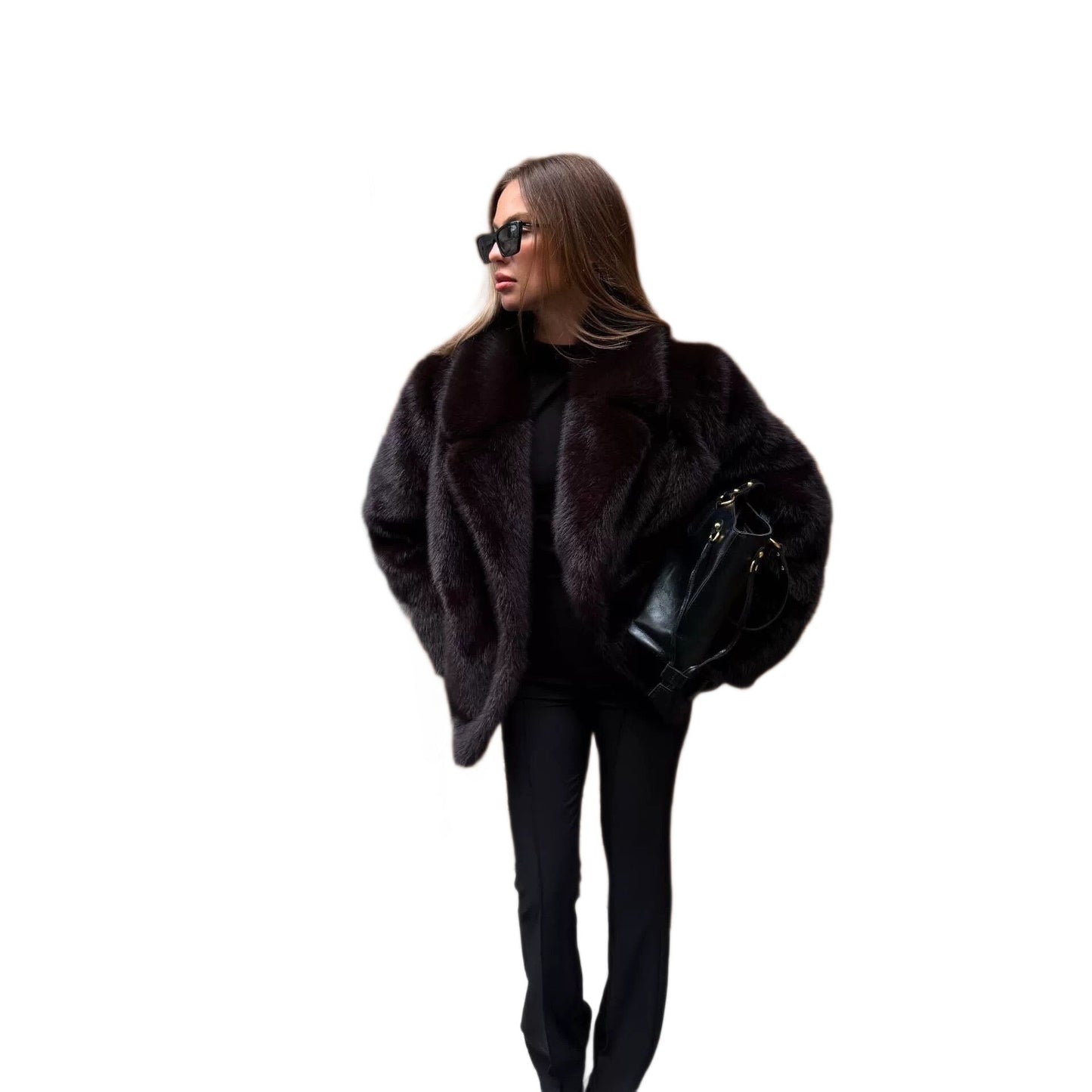 Women's Mid-Length Faux Fur Coat – Black