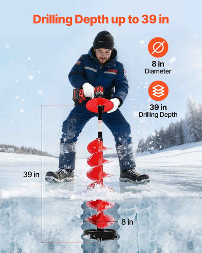 8" Ice Auger Drill Bit | 39" Nylon Blade with Extension Rod & Blade Guard