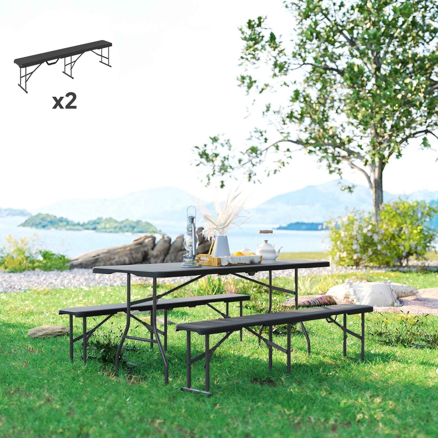6 FT Folding Camping Bench Set of 2 | 529 lb Capacity, HDPE Top with Carry Handle